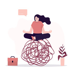 Calm woman in lotus sitting on chaos mess line and relax.Stress management, meditation to reduce anxiety. Control emotion during problem solving or frustration work concept.
