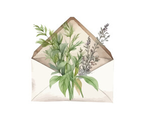 Vintage envelope with field herbs and leaves. Vector illustration design.