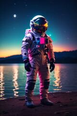 Astronaut stands on the shore of a lake