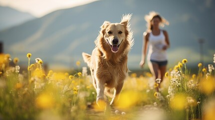 Golden retriever dog is running with the owner, a happy, smile woman happily in the morning...