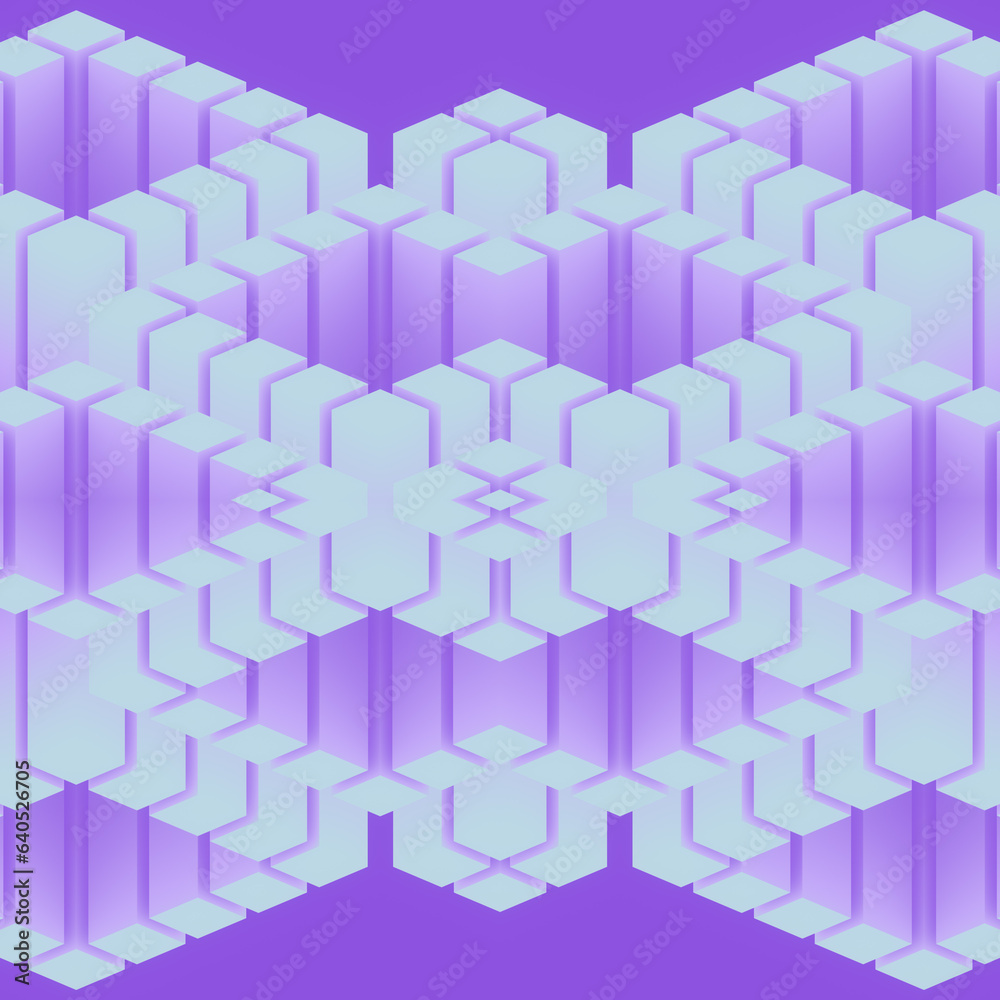 Poster Digital illustration of a symmetrical neon pattern of rectangular geometric shapes. 3d rendering
