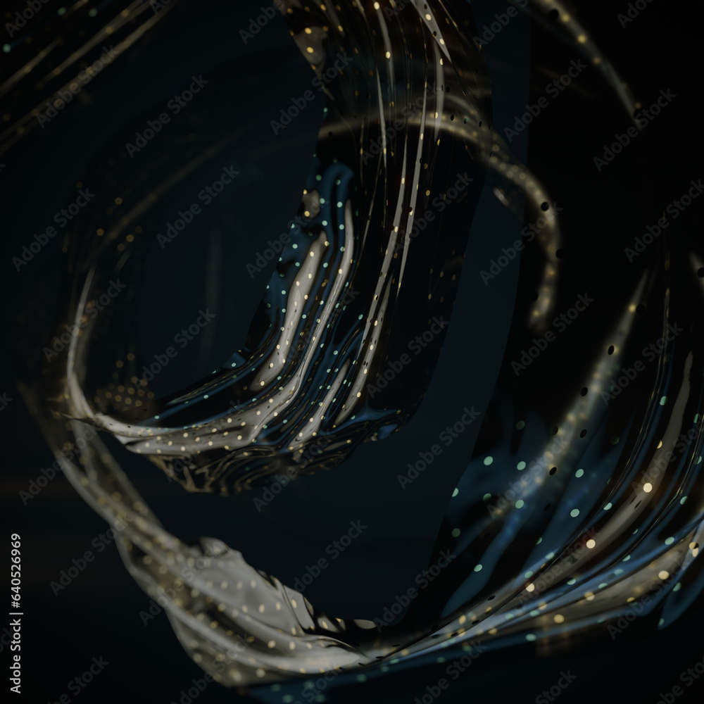 Poster Abstract digital illustration of flowing stripes of transparent plastic with gold polka dot pattern. 3d rendering