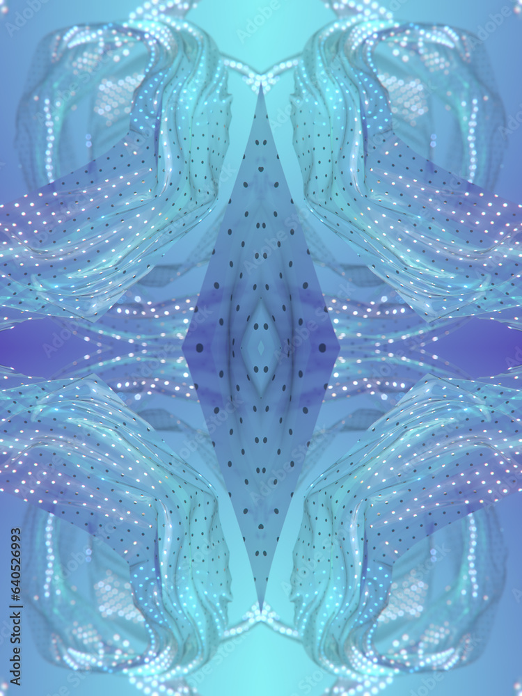 Poster blue fancy symmetrical background with wiggling rings of translucent plastic. 3d rendering digital i