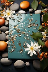 Beautiful spa composition with zen stones and flowers on dark background