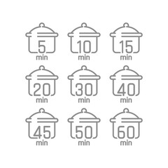Cooking time and pot line icon set. Cook for 5, 20 minutes vector icons.