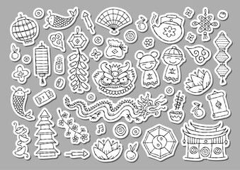 Chinese new year Holiday sticker pack. Icons set, outline colouring style. Traditional design elements, symbols and decor. Print and cut ideas