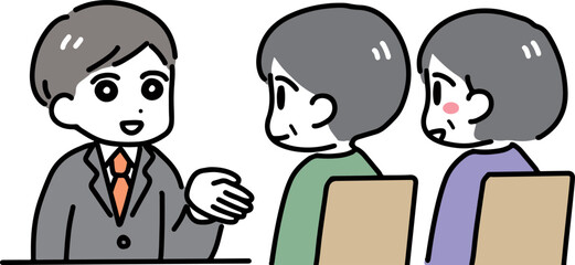 スーツの男性と笑顔で話す私服のシニア夫婦(ベクター)