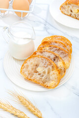 ciabatta bread, indoor closeup, white background, photographic shot