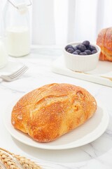 ciabatta bread, indoor closeup, white background, photographic shot