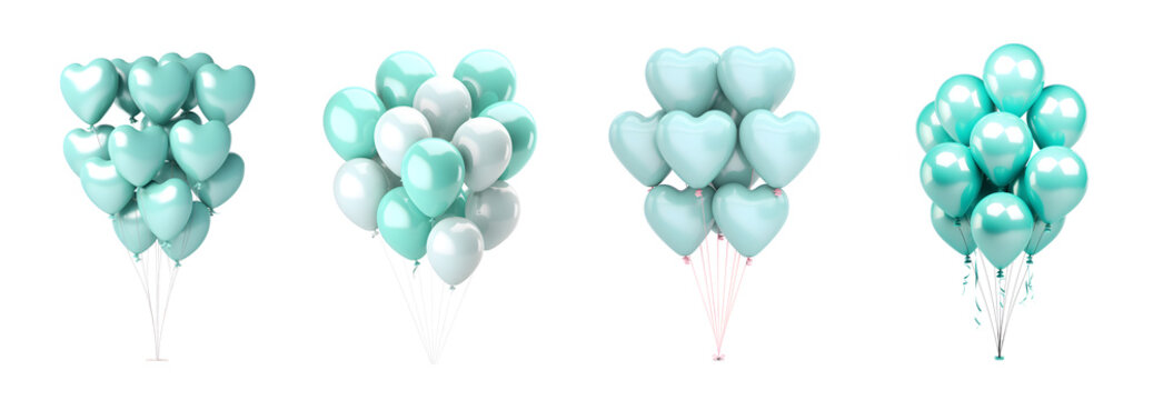 Set of Valentine heart shaped balloons 3D in the style of light teal, isolated on white and transparent background, ai generate