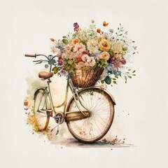 Fototapeta na wymiar Retro bicycle with flowers in the basket on white background, watercolor style. Generative Ai