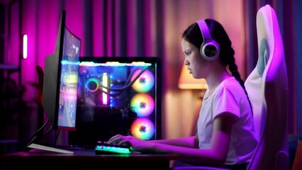 Asian Teen Girl Gamer Lose While Playing Video Game On Computer
