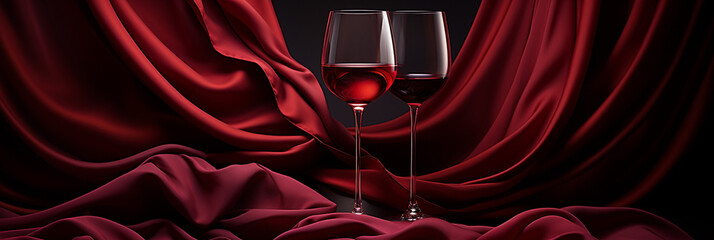 Zwei Weingläser mit roten Satinstoff dekoriert zur Feier im Querformat als Banner, ai generativ - obrazy, fototapety, plakaty
