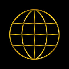 World planet icon in golden metallic 3d thin lines