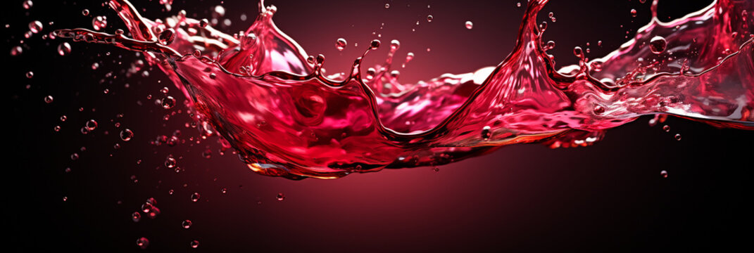 Rote fl&uuml;ssige Wein Farbe fliegt durch die Luft in Querformat als Banner, ai generativ
