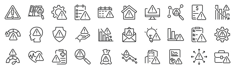 Set of 30 outline icons related to risk, warning, alarm. Linear icon collection. Editable stroke. Vector illustration - 640528515