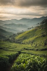 Fototapeta premium Tea Plantation in the Cameron Highlands, Malaysia. The tea plantation is one of the most popular tourist attractions in Malaysia.