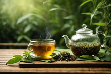 Green tea leaves and teapot on wooden table with nature background