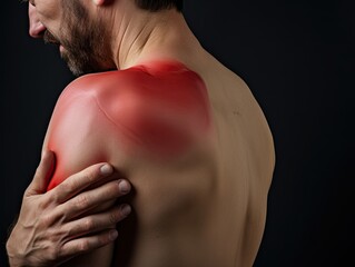 Shoulder bone muscle and nerve sore pain, man holding injured shoulder joint highlighted arthritis trauma zone.