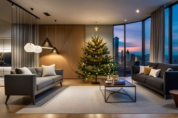 living room interior with christmas tree