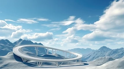 Cercles muraux Helix Bridge A 3D render showcasing a breathtaking mountain landscape, featuring a unique spiral bridge that winds its way up the peaks, and a crystal-clear lake below reflecting the majestic surroundings