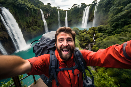 Happy handsome man with backpack taking selfie picture on front of waterfall, Hiker man during travel vacations enjoy swim under the stunning waterfall with wild nature