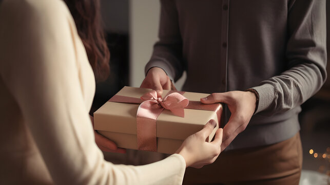 Close up of a Young man giving a gift box to his surprised happy woman. Hands of young couple giving and receiving a gift box to each other