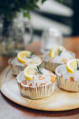 Close up Lemon Muffin cupcake on wooden cafe table