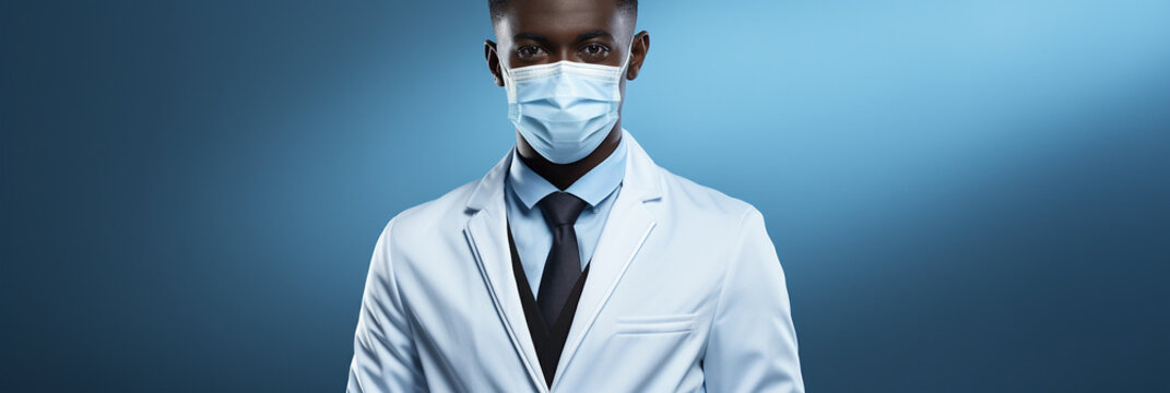 Afroamerikanischer Arzt Gesicht mit Mundschutz Nahaufnahme im Querformat als Banner, ai generativ