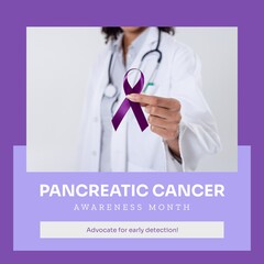 Composite of pancreatic cancer awareness month text and biracial doctor holding purple ribbon