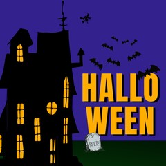 Illustration of halloween, haunted house, rest in peace tombstone, bats flying on blue background