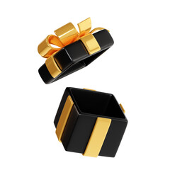 Open black gift box with glossy golden ribbon and bow 3d render illustration.