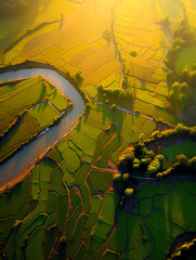 A river that flows through rice fields in sunset, Generative Ai