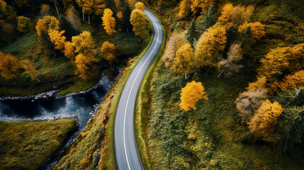 Aerial view of the road in the forest, Generative Ai