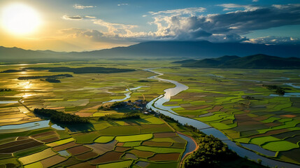 A river that flows through rice fields in sunset, Generative Ai
