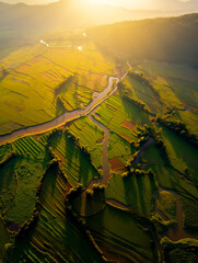 A river that flows through rice fields in sunset, Generative Ai