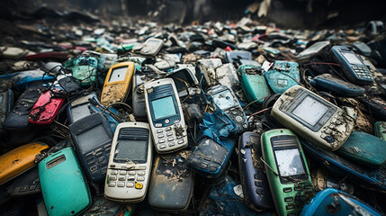 The old mobile phones and smartphone in garbage land - obrazy, fototapety, plakaty
