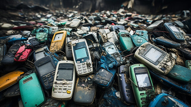 The old mobile phones and smartphone in garbage land