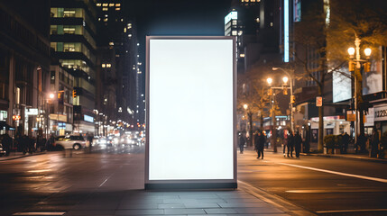 Obraz na płótnie Canvas Empty vertical white blank street billboard at night, Vertical blank glowing signboard on roadside in city at night, Promotional poster mock up