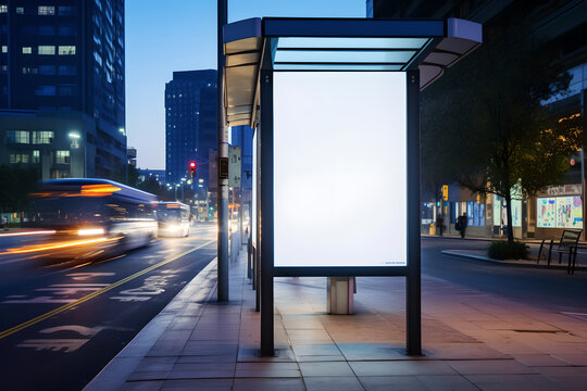 Empty vertical white blank street billboard at night, Vertical blank glowing signboard on roadside in city at night, Promotional poster mock up
