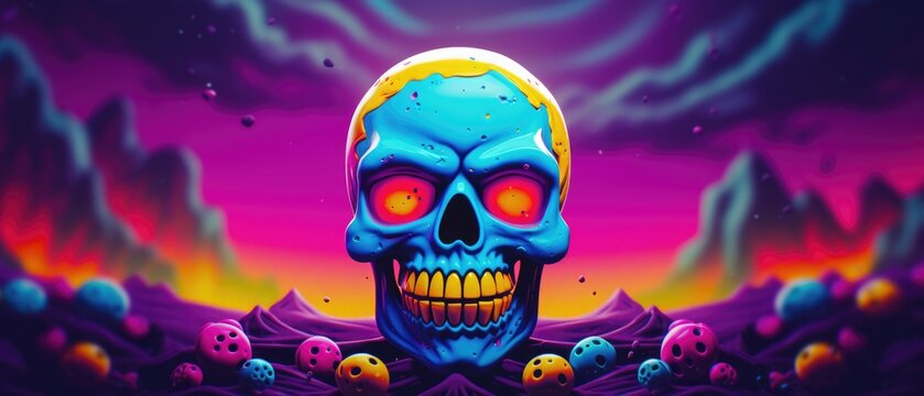 Psychedelic surreal neon glow color Halloween skull ruling the undead ultraviolet world, trippy horrific cool widescreen desktop wallpaper poster - generative AI