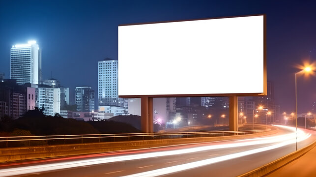 Blank billboard sign on city highway at night, Outdoor advertising banner on the street for advertisement street city. Promotional poster mock up