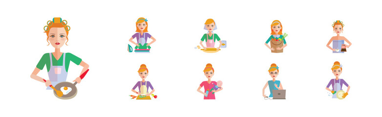 Housewife Icon with Woman Doing Domestic Chores Vector Set