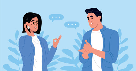 International day of sign languages. A pair of deaf and mute people using sign language to communicate. A man and a woman with hearing impairment.