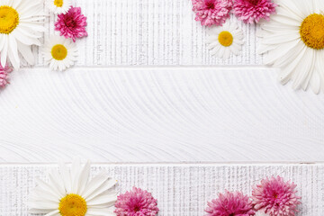 Garden blossom flower heads on wooden background