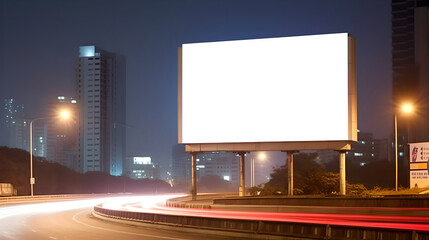 blank billboard sign on city highway at night, Outdoor advertising banner on the street for advertisement street city. Promotional poster mock up