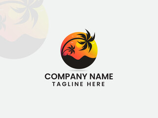 Travel logo. sea logo. Beach logo design. Sunset vector background. Bird. Tour. Natural. Beach tree. Summer. Creative design. Premium template. Sunrise