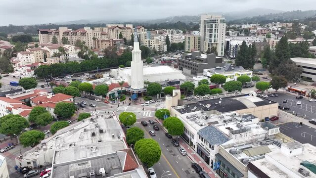 Aerial view flying towards Fox theatre in Westwood village, Los Angeles iconic landmark and cityscape