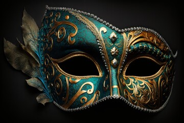 elegant mask decorated in golden colors, on a black background, mexcio latin america