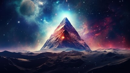 A 3D render portraying a vast space landscape, where the highlight is a pyramid-shaped planet,...